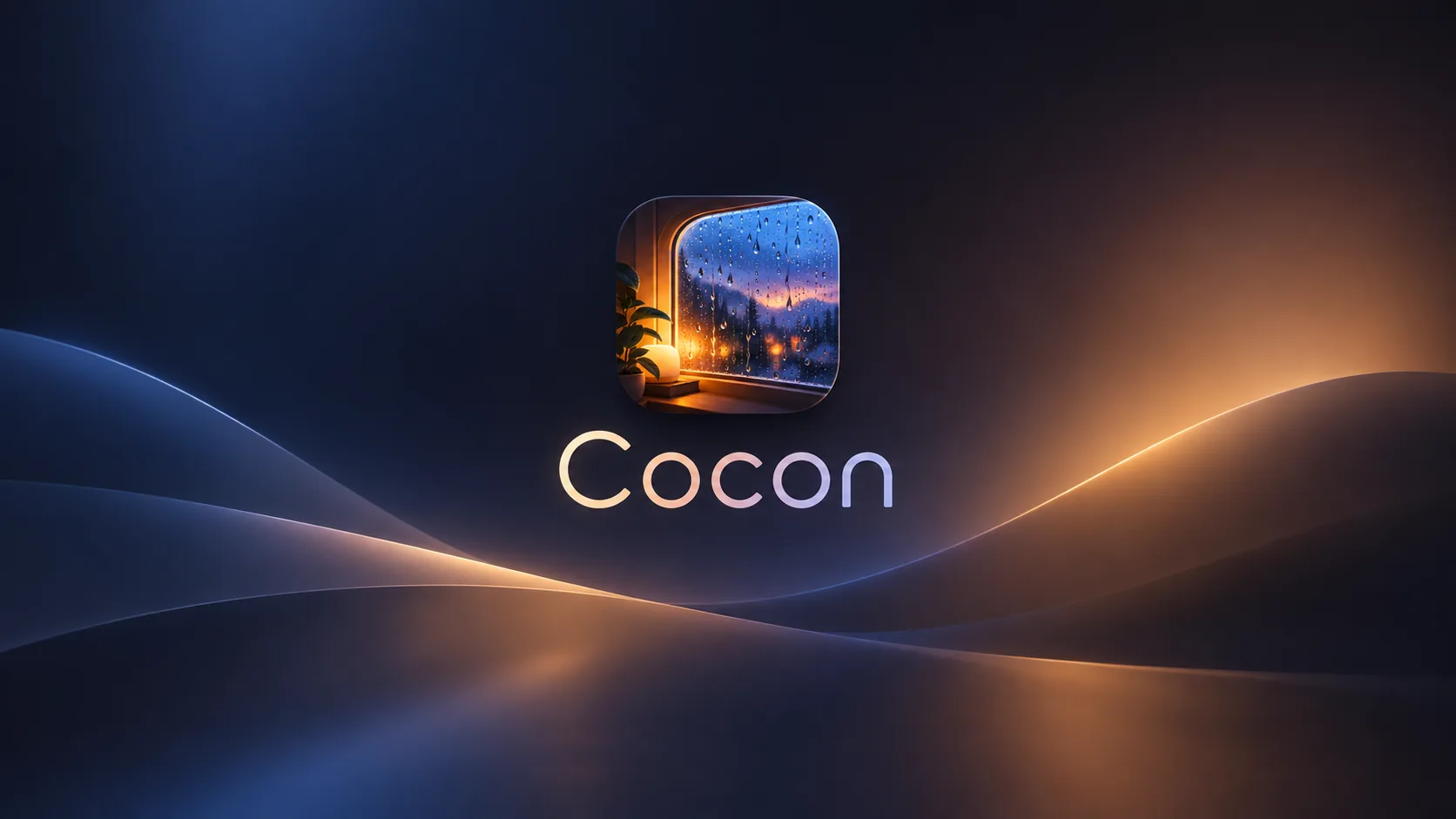 Cocon: a rainy window at dusk, with a warm lamp, above the Cocon wordmark